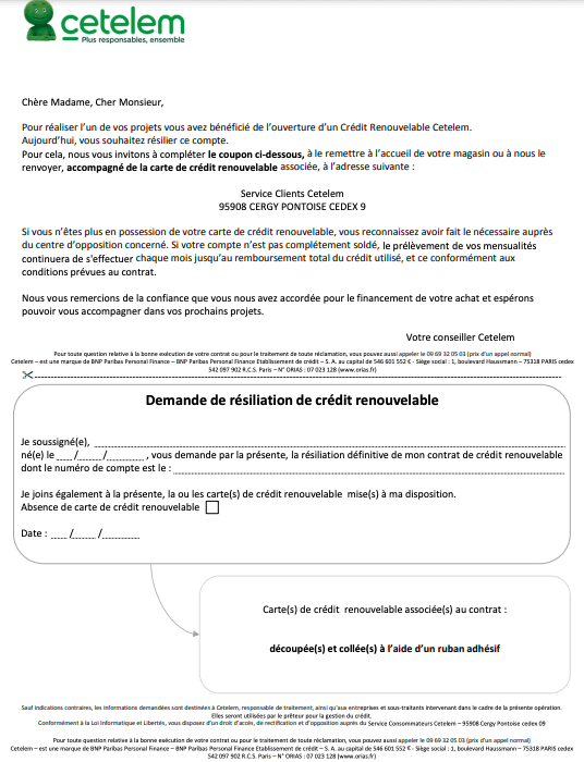Étape 2&nbsp;: Imprimez et complétez le coupon de résiliation Cetelem