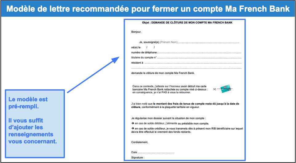 capture d'écran du modèle de recommandé mis à disposition par Ma French Bank Étape 2 : Rédigez votre recommandé