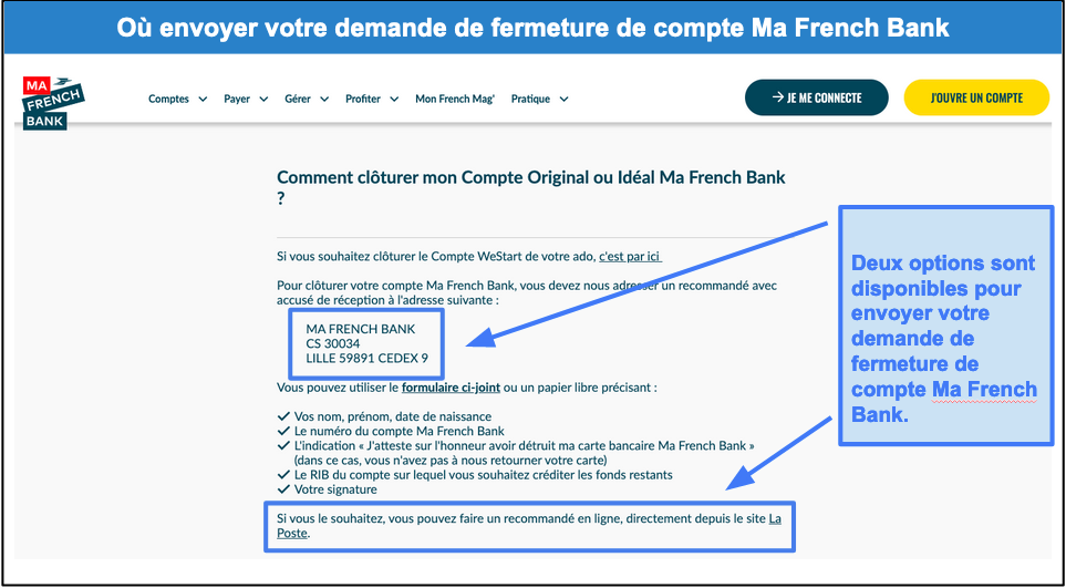 capture d'écran de l'endroit sur le site de Ma French Bank qui vous renseigne des diverses options d'envoi de la lettre de résiliation Étape 3 : Envoyez votre demande de résiliation