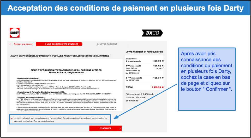 Étape 4&nbsp;: acceptez les conditions du paiement en plusieurs fois Darty