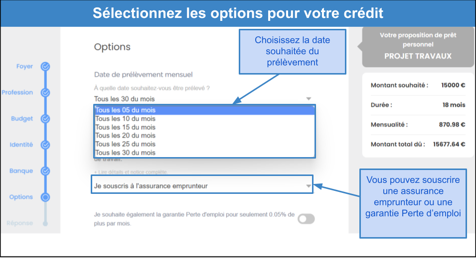 Étape 3&nbsp;: Sélectionnez les options de votre crédit meuble