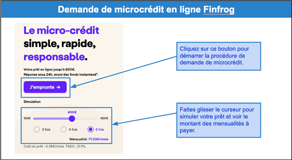 Étape 1&nbsp;: Rendez-vous sur le site Finfrog et simulez votre microcrédit