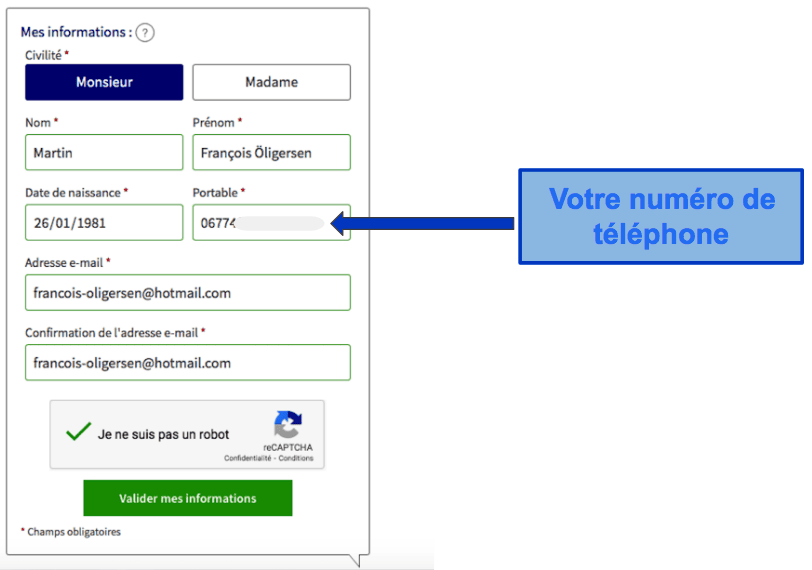Étape 2&nbsp;: Renseigner vos nom(s), prénom(s) et coordonnées