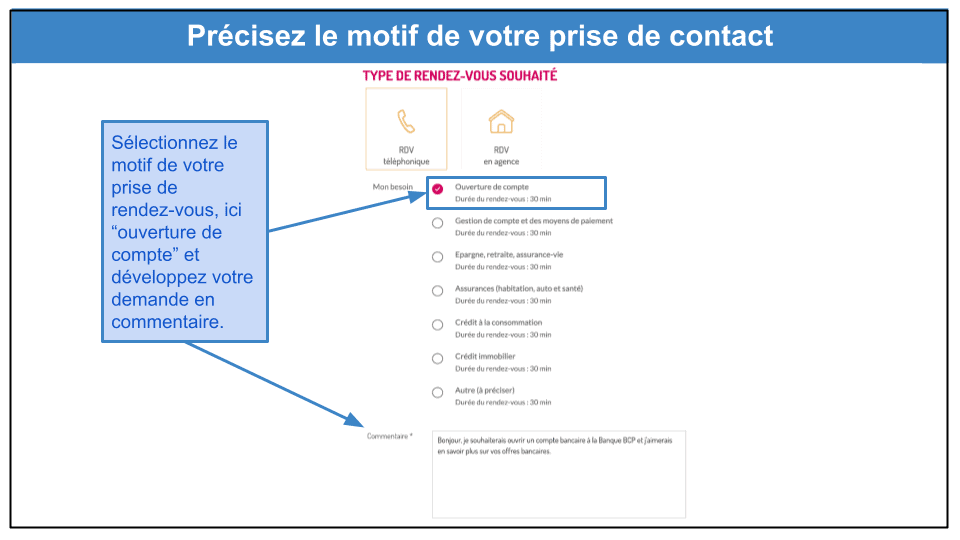 Étape 4&nbsp;: Précisez le motif de votre prise de contact