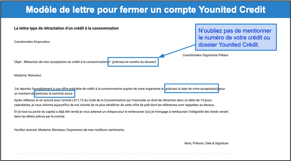 Étape 3&nbsp;: Personnalisez votre lettre de résiliation de crédit Younited Credit