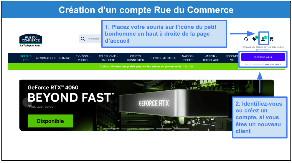 Étape 1&nbsp;: Identifiez-vous ou créez un compte Rue du Commerce