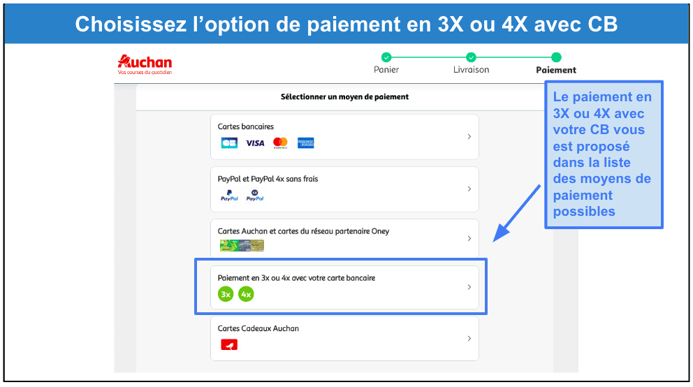 Étape 2&nbsp;: Choisissez la solution de paiement en 3X ou 4X avec CB